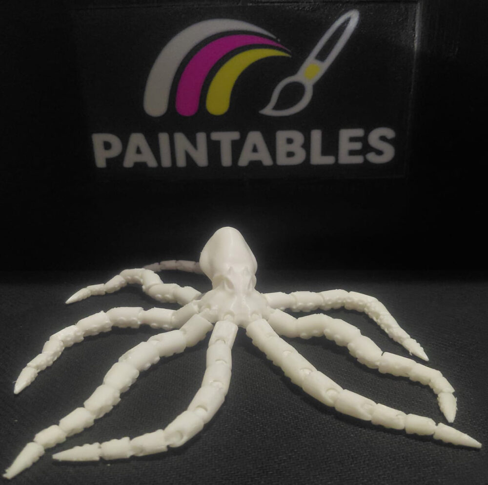 A white 3D printed articulated octopus named Gary. The model features a friendly stylized head and eight flexible, multi-jointed tentacles spread out on a black surface, demonstrating its poseability.