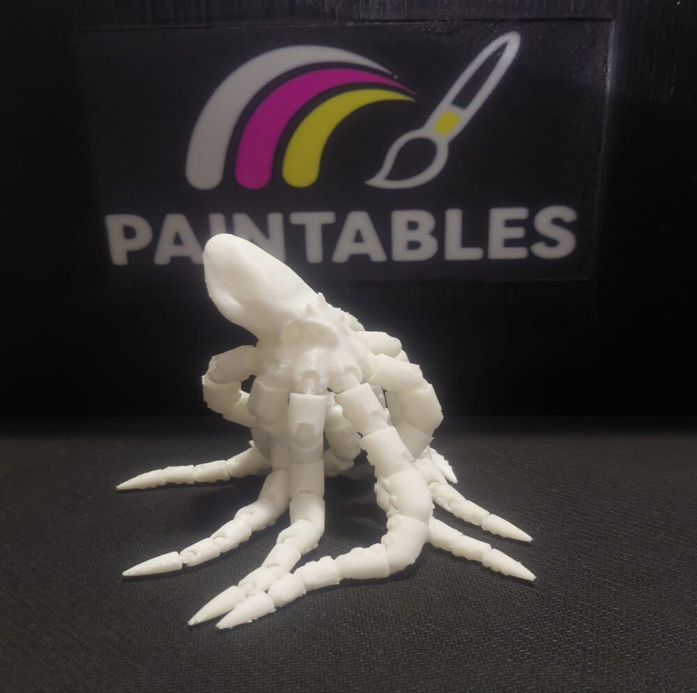 A white 3D printed articulated octopus model named Gary, shown from a side-angled perspective. The octopus is posed with its front tentacles lifted and curved, highlighting the multi-jointed articulation and matte white finish against a dark background.