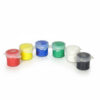 Set of small paint pots in various colors.