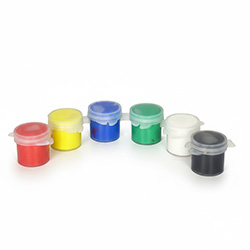 Set of small paint pots in various colors.