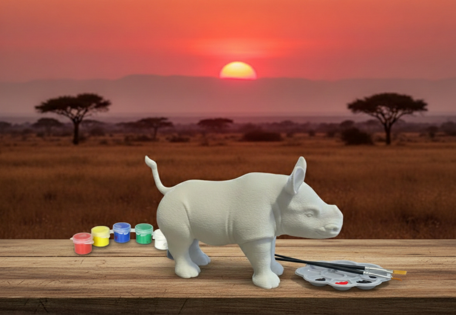 Unpainted rhino figurine with paints on a wooden table, savanna in background.